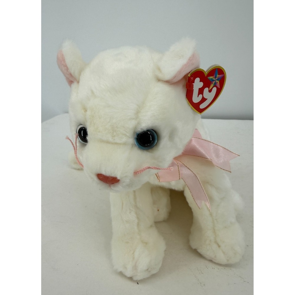 TY Beanie Buddy Flip White Cat Plush 1999 Pink‎ Ribbon Blue Eyes 11"